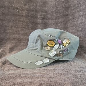 Embellished Green/Grey Cap with Gem Accents